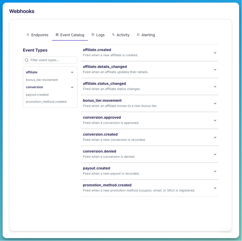 The Webhooks Event Catalog in Refersion, listing every event type you can subscribe to with a short description of when each one fires.