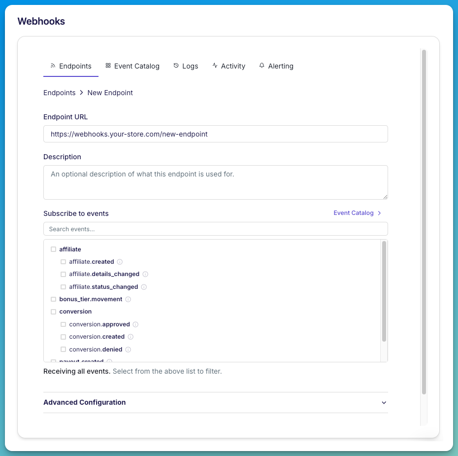 Adding an endpoint takes seconds — paste a URL, check the events you want, and hit Create.
