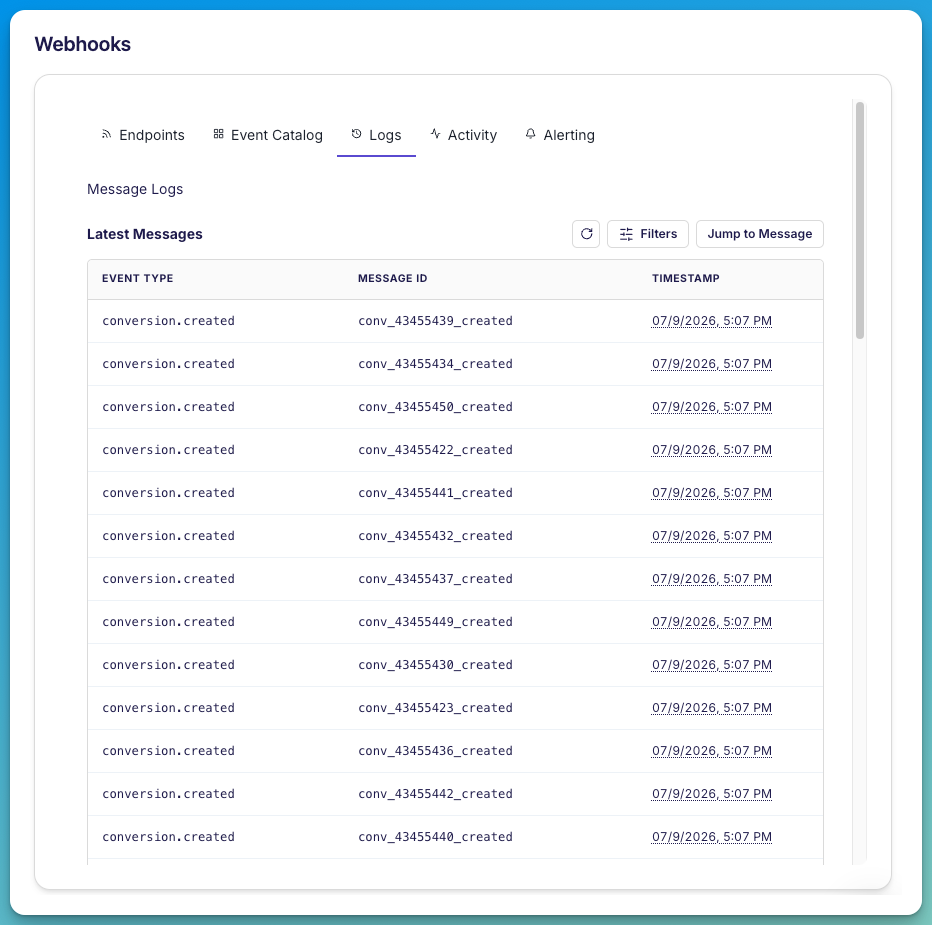 Every delivery attempt is logged, so you can inspect exactly what was sent — and replay anything that failed.